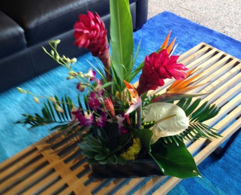 tropical arrangement on bamboo tray